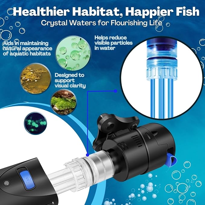 Flexzion Aquarium Filter U-V, 200 Gallon Fish Tank Filter with U-V Light for Green Control Cleaning, 200GPH Submersible Aquarium Pump for Turtle Tank, Freshwater Crystal Clear & Saltwater