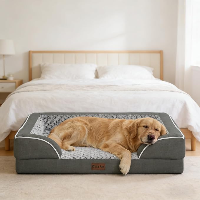 Orthopedic Dog Beds for Extra Large Sized Dogs 48x30 Inch, XL Waterproof Egg Crate Foam Dog Sofa Bed with Removable Washable Cover Big Pet Couch with Bolster & Non-Slip Bottom, Dark Grey