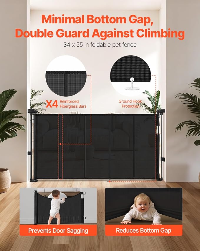 VEVOR Retractable Baby Gate, 34 inch Tall, Extends up to 55 inch Wide, Retractable Gate for Kids or Pets, Mesh Material, Easy to Install for Indoor Stairs, Doorways, Hallways, Playrooms, Black
