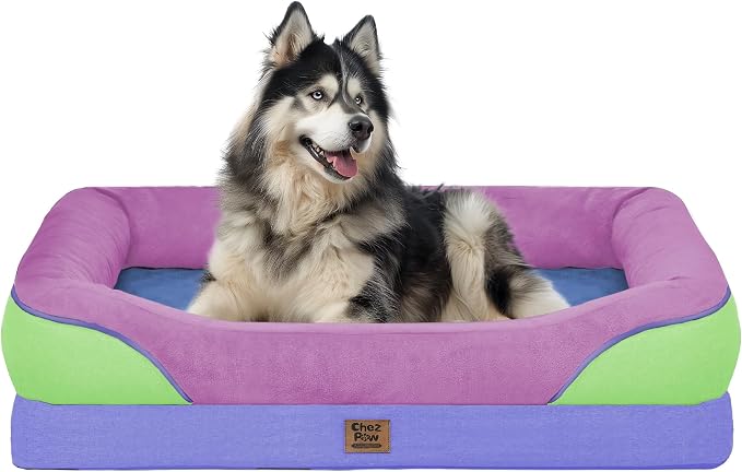 Chez Paw XXL Orthopedic Dog Bed for Extra Large Dogs, Extra Thick Egg-Crate Foam Waterproof Pet Couch with Removable Washable Cover, 4-Sided Bolster & Non-Slip Bottom, Lavender Blue 45"x35"x7.5"