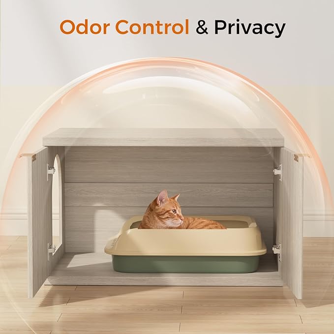 Homhedy Cat Litter Box Enclosure, Modern Fluted Accent Cat Washroom Furniture, Pet House, Fit Most of Litter Box,Cream Gray