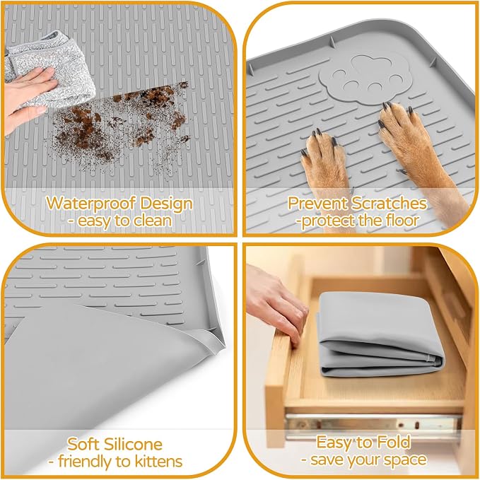 Dog Food Mat, 40" x 28" Large Silicone Mat Dog Feeding Mat with Raised Edge Non-Slip Pet Feeding Mat for Food and Water Bowl, Easy to Clean, Floor Protection (Gray)