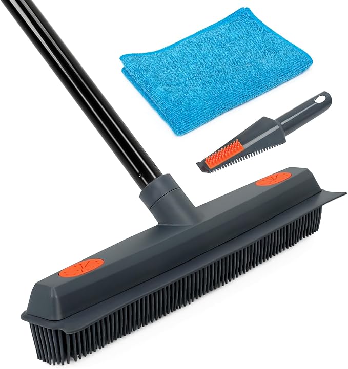 Pet Hair Removal Tool Set: Rubber Broom + Pet Hair Remover Brush for Car, Furniture, Carpet