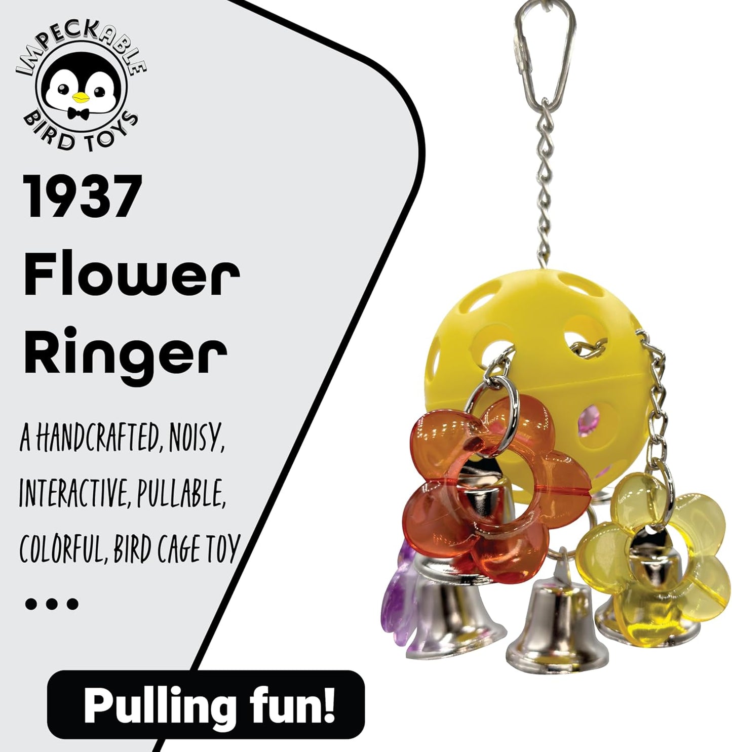 1937 Flower Ringer with Acrylic Flowers, Bells and Chain Links – Handcrafted Great for Conures, African Greys, Amazons and Medium Size Birds