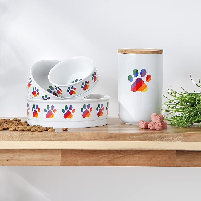 Bone Dry Ceramic Food Bowls, Non-Slip & Dishwasher Safe, Small Set, 4.25x2, Rainbow Paw, 2 Count