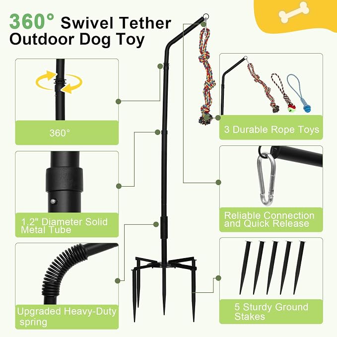Tether Tug Outdoor Dog Toy,Tether Tug,Tether Dog Toy Rack with 3 Tug Rope Toys Adjustable Spring Pole,Interactive Pull Toy for Large Medium Small Dog Tether Tug of War Dog Chew Rope Toy