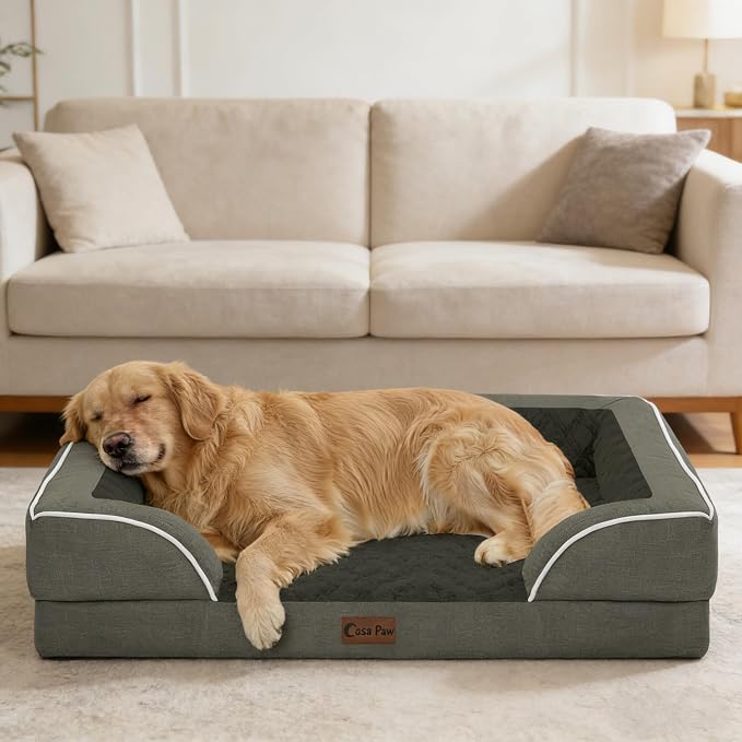 Orthopedic Dog Beds for Extra Large Sized Dogs 53x42 Inch, XXL Waterproof Egg Crate Foam Dog Sofa Bed with Removable Washable Cover Big Pet Couch with Bolster & Non-Slip Bottom, Dark Green