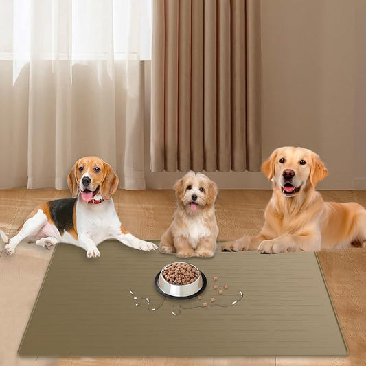 40"x30" Extra Large Silicone Pet Food Mat, XXL Pet Feeding Mat with Raised Edges, Waterproof Dog Bowl Mat for Food and Water, Cat and Dog Placemat for Floors, Light Brown