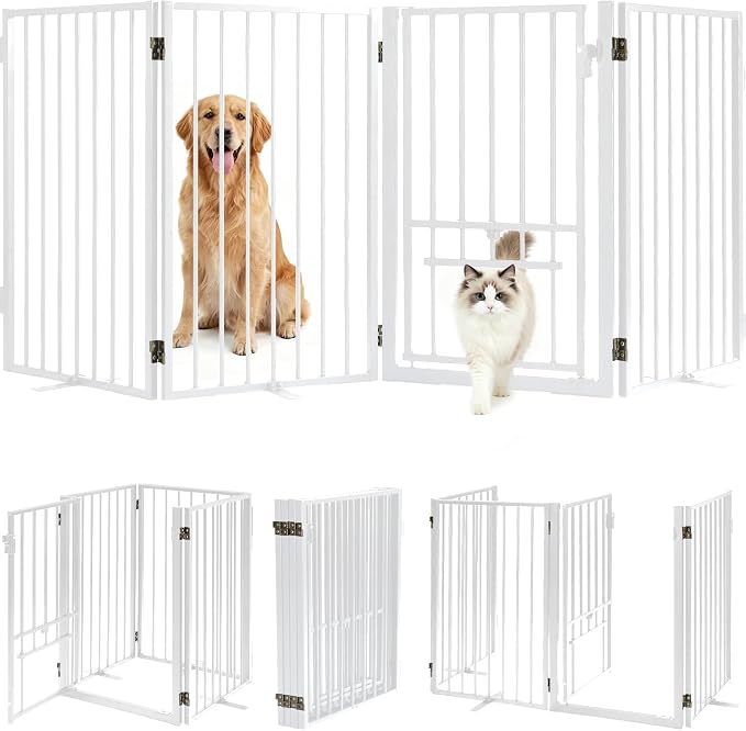 Metal Freestanding Dog Gate with Cat Door for Outdoor & Indoor,80" Extra Wide Foldable Pet Fence,30" Tall Dog Gate for RV Camping,Stairs,Hallways,Doorways,Deck,Yard,with 3PCS Support (4 Panels,White)