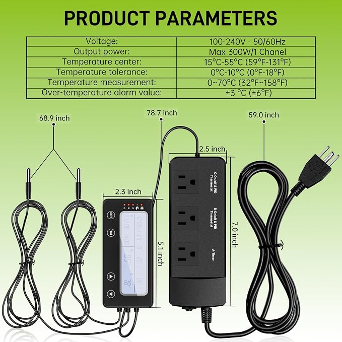 Reptile Temperature Controller with Timer, PID Reptile Digital Thermostat, 3-Channel Thermometer Hygrometer w/Memory, 2 IN 1 Day Night Temperature Humidity Gauge for Heat Lamp Heat Mat Fogger