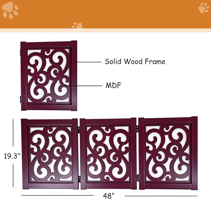 Ashfield & Harkness: 3-Panel Pet Gate - Scroll Mahogany - Wooden Foldable Freestanding Fence, Small Dogs & Puppy, 48 x 19.3, Doorway-Halls-Stairs