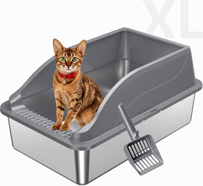 Stainless Steel Cat Litter Box with Lid, XL Extra Large High Sided Litter Box for Big Cats, Odor Free Open Top Litter Pan Easy Cleaning Anti-Urine Leakage Non-Stick, Includes Scoop