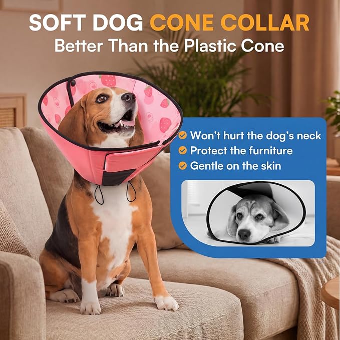 Queenmore Dog Cone, Dog Cones for Small Dogs, Adjustable Soft Cone for Dogs Recovery Collars & Cones, Comfortable Pet Cone After Surgery for Wound Healing, Strawberry S