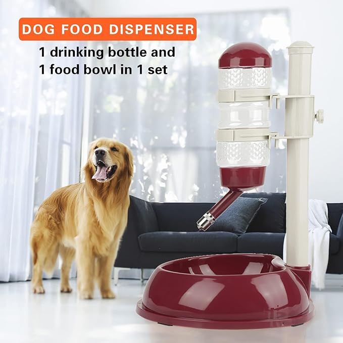 Adjustable No Drip Pet Water Dispenser, Portable Dog & Cat Water Bottle Stand with 500ml Bottle Food Bowl Leak Proof Stainless Steel Ball Dispenser for Travel Camping Indoor Use (Brown)