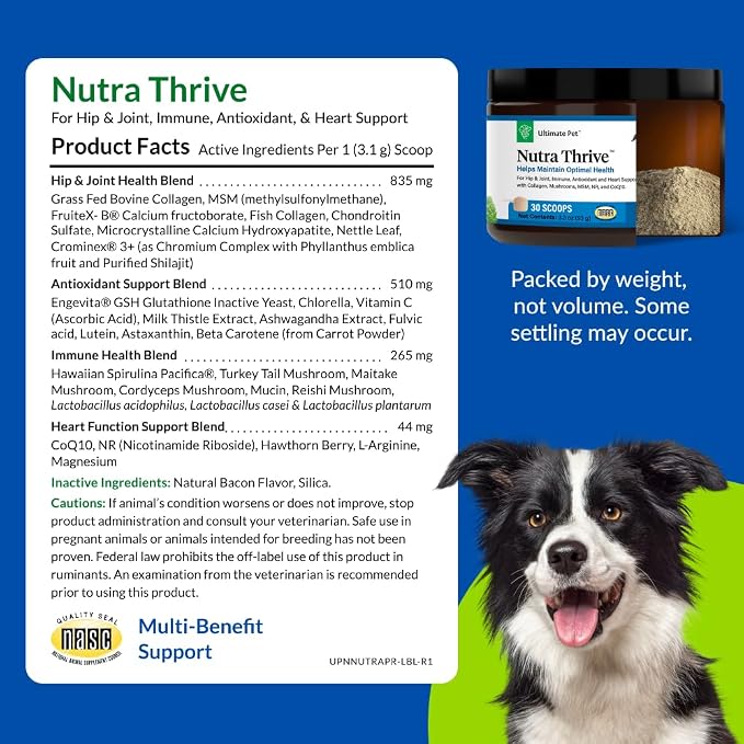 Ultimate Pet Nutrition Nutra Thrive Canine, 40-in-1 Nutritional Powder Supplement for Dogs with Digestion and Immune Support, Vitamins, Minerals, Probiotics, Enzymes, 30 Scoops