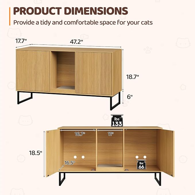 Kitty Litter Box Enclosure for 2 Cats, Small Hidden Cat Litter Box Furniture with Scratch Pad, Modern Fluted Double Litterbox Cabinet TV Stand for Kittens, Natural