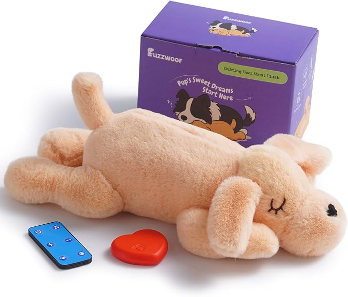 Fuzzwoof Remote Controlled Heartbeat Dog Toy, 8-Sounds & Heartbeat Simulation Plush Toy for Puppy Sleep Aid & Anxiety Relief, Crate Training, Rechargeable Calming Companion