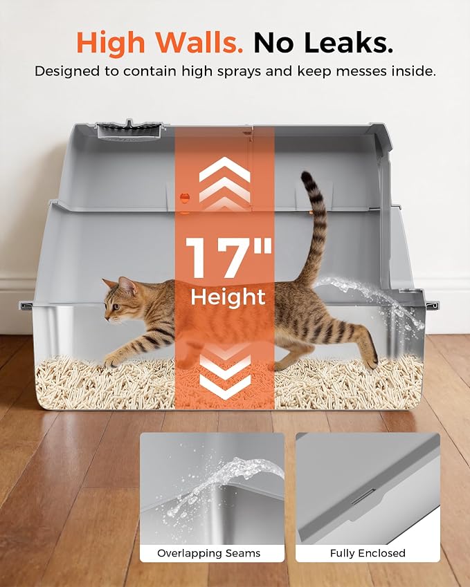 XXXL Stainless Steel Cat Litter Box with Lid, 27.5"×20.1"×17.3" Jumbo Enclosed Litterbox,Dual-Entry (Front Entry & Top Exit),High-Sided,Non-Stick,Odor Control,for Big Cats, with Mat,Scoop & Step,Grey