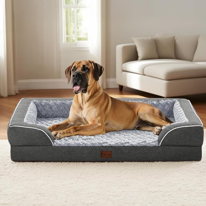 Orthopedic Dog Beds for Extra Large Sized Dogs 45x35 Inch, XL Waterproof Egg Crate Foam Dog Sofa Bed with Removable Washable Cover Big Pet Couch with Bolster & Non-Slip Bottom, Dark Grey