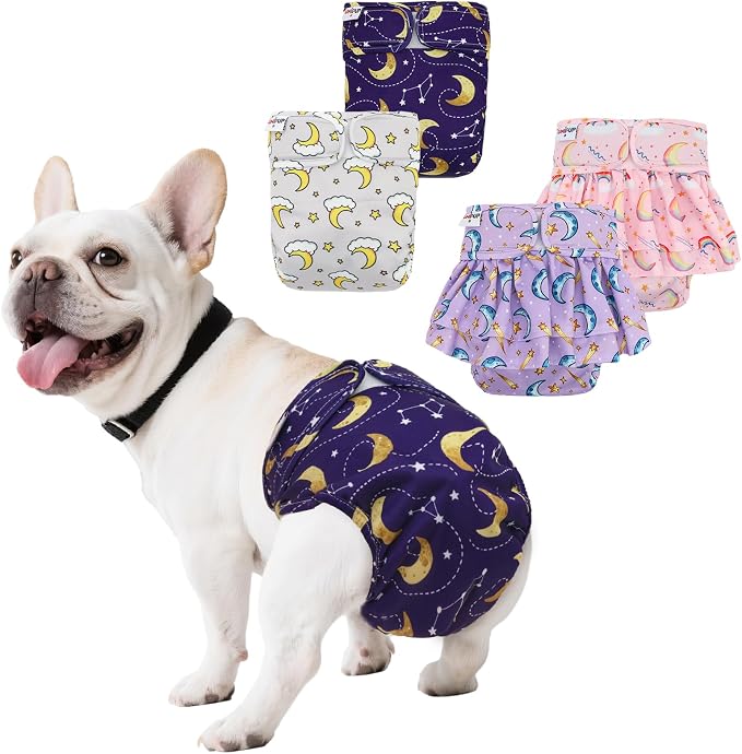 Female Dog Diapers Reusable No Tail Hole Period Panties Washable Diapers Female for Docked-Tail Frenchie French Bulldog Boston Terrier Without Tail (2 Pack Regular+2 Pack Skirts) U-WWDQB04M