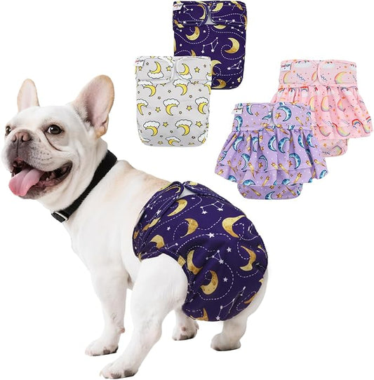 Female Dog Diapers Reusable No Tail Hole Period Panties Washable Diapers Female for Docked-Tail Frenchie French Bulldog Boston Terrier Without Tail (2 Pack Regular+2 Pack Skirts) U-WWDQB04M
