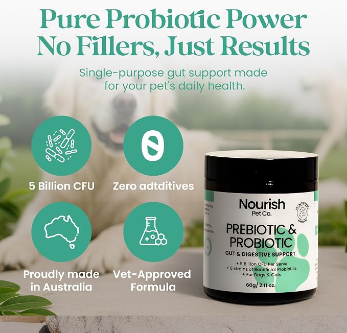 Nourish Pet Co. Probiotic Supplement for Dogs & Cats – 5 Billion CFU Digestive Support Formula with Prebiotics, Gut Health Balance, Immune Support, and Digestive Enzymes for Daily Pet Wellness