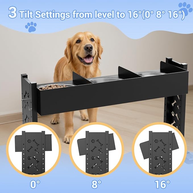 Triple Elevated Dog Bowls Stand for Multiple Dogs,8 Height Adjustable Tilted Raised Dog Bowl Stand with 3 Stainless Steel 1.3L(44oz) Bowls, 21.9" Tall Pet Feeding Station for Large Breed Dogs