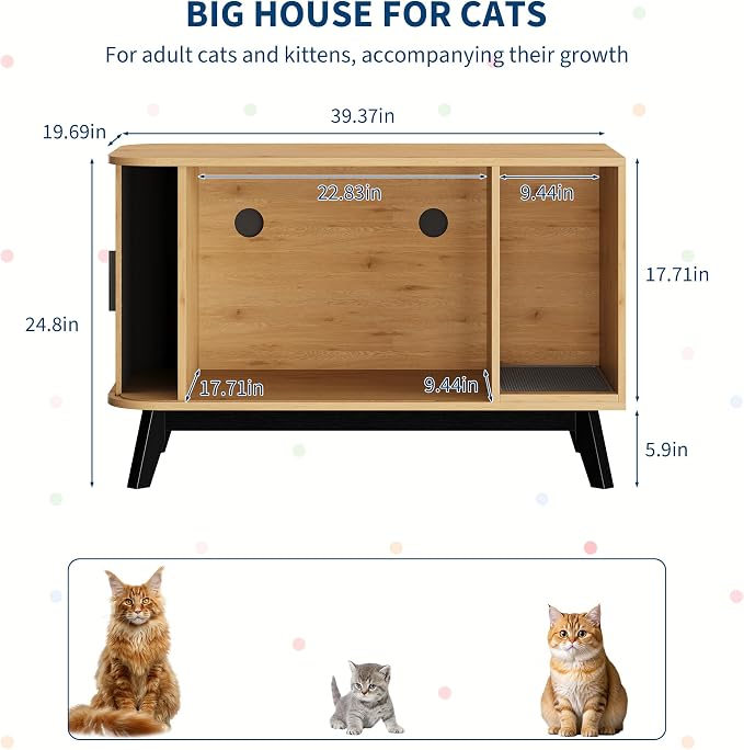 Garvee Cat Litter Box Enclosure, 39" Litter Box Enclosure Furniture Hidden Litter Box with Cat Litter Mat and Sliding Door, Modern Indoor Cat House, Side End Table for Living Room, Natural Wood Color