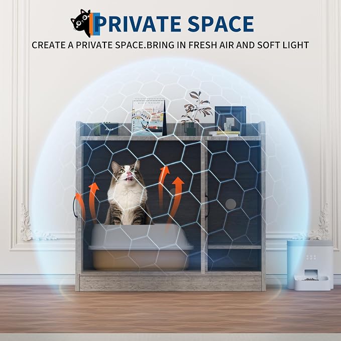 Cat Litter Box Enclosure,Hidden Litter Box Furniture with Divider,Indoor Cat House,Wooden Cat Washroom Storage Cabinet Bench, Side End Table Nightstand, 33.07" L × 23.62" W × 23.92" H,Light Gray