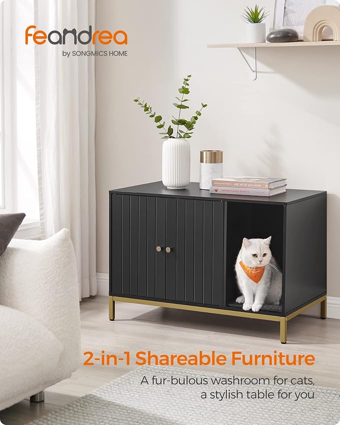 Feandrea Cat Litter Box Enclosure, Hidden Litter Box Furniture with Scratch Pad, Front Entry, Double Cabinet Doors, Modern Style, 31.5" Cat House Washroom Side End Table, Black and Gold