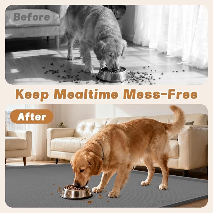 Lorvain Dog Food Mat, 45" x 30" Silicone Pet Feeding Mat with Raised Edges, Extra Large Pet Placemat for Dog Cat Food and Water Bowl Non-Slip, Easy to Clean, Waterproof & Floor Protection, Dark Grey