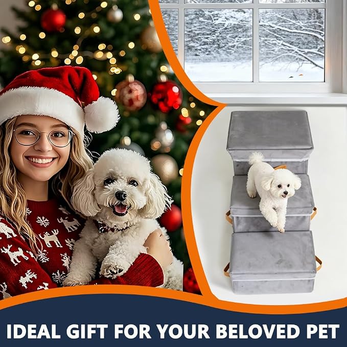 17" Dog Stairs for High Beds, 120 Lbs Capacity | Foldable and 3-Step design with storage & condo compartment, suitable for dogs & cats climbing bed, sofa and car