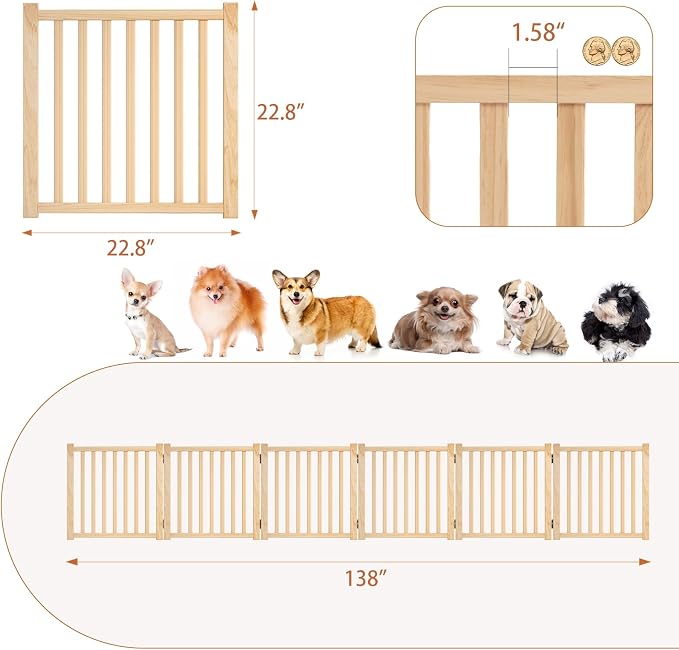 YOCAN Non-Painted Wooden Freestanding Dog Gates for The House,Doorways, Stairs,Wood Dog Fences Indoor Pet Gate,Step Over Fence-6 Panel H:23”
