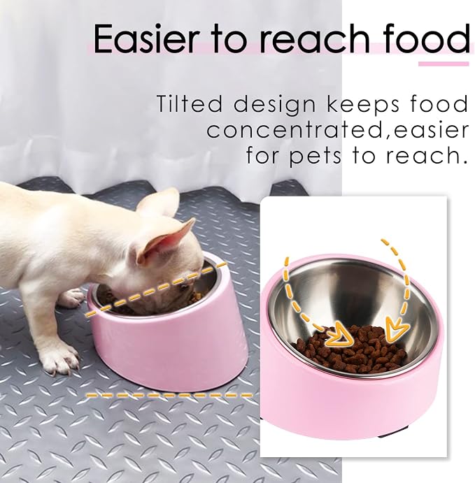 SuperDesign Mess Free 15° Slanted Bowl for Dogs and Cats, Tilted Angle Bulldog Bowl Dog Feeder, Non-Skid & Non-Spill, Easier to Reach Food S/0.5 Cup Pink