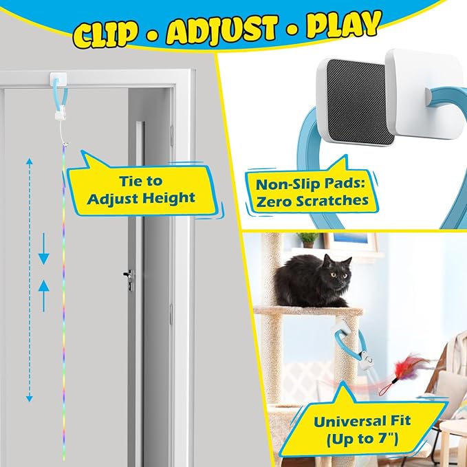 Smart Automatic Door Hanging Cat Toy for Indoor Cats - Electric Interactive Feather Wand, Mouse & Worm Set, 360° Rotating, Type-C Rechargeable, Quiet Self Play Enrichment for Bored Kittens