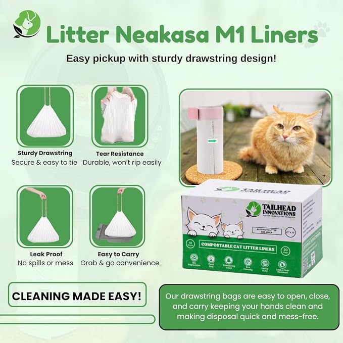 Automatic Robot Liners – 100% Compostable - Compatible with Neakasa M1 and PetPivot AutoScooper 11 Open-Top Self-Cleaning Litter Box - 27" L x 13" W – Drawstring Close – 40 Micron