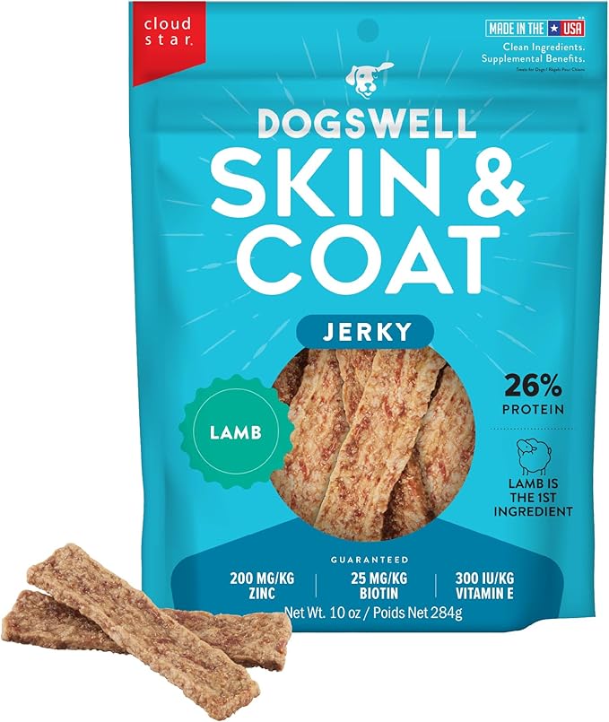 Dogswell Skin & Coat Jerky Dog Treats, Lamb, 10 oz. Pouch