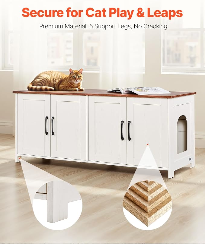 VEVOR Cat Litter Box Enclosure for Multi Cats, 47.2 in Hidden Litter Box Cabinet with 4 Doors & 2 Entries, Indoor Cat Washroom, Wooden Kitty House Furniture, Fit Most Litterboxes, Brown & White