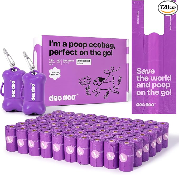 Deo Doo Dog Poop Bags with Handles 60 Rolls 720 Counts Big Sizes Leak Proof and Extra Thick Waste Bags Refill Rolls for Walking Small Medium Large Dogs Cats Litter With 2 Dispensers Lavender Scented