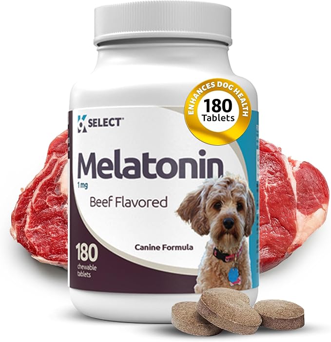 K9 Select Melatonin for Dogs - Calming Chews - Dog Melatonin for Sleep - Reduce Stress, Helps Overall Health Composure Calming Treats for Small Dogs - 1 mg, 180 Beef Flavored Chewable Tablets