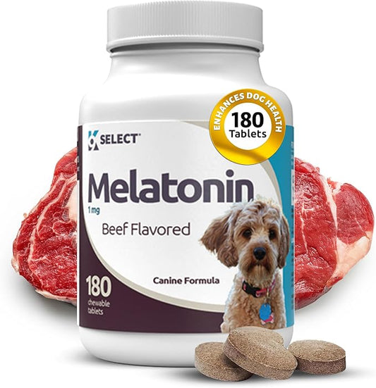 K9 Select Melatonin for Dogs - Calming Chews - Dog Melatonin for Sleep - Reduce Stress, Helps Overall Health Composure Calming Treats for Small Dogs - 1 mg, 180 Beef Flavored Chewable Tablets