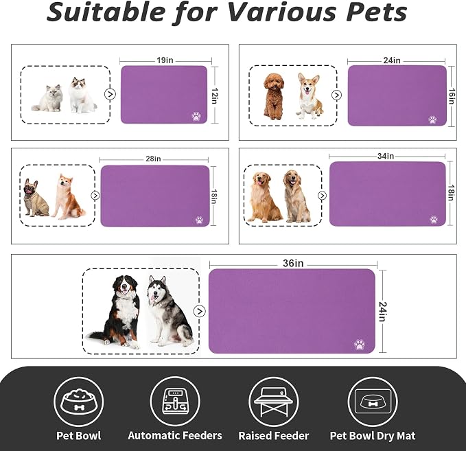 HotLive Dog Food Mat - Absorbent Cat Mat for Food and Water, No Stains Pet Feeding Bowl Mat, Easy to Clean Pet Placemats, Quick Dry Dog Water Dispenser Mat for Messy Drinkers | Paw Purple 24"x36"
