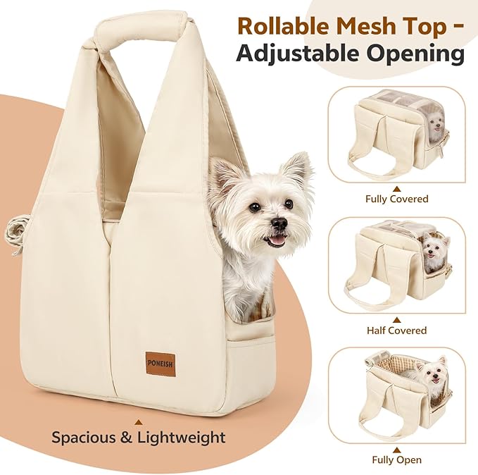 Dog Purse Carrier for Small Dogs and Cats, Soft-Sided Pet Tote Bag with 6 Large Pockets, Collapsible Travel Puppy Carrier, Fits Pets up to 16 lbs (Beige, 17.5" L x 8" W x 12" H)