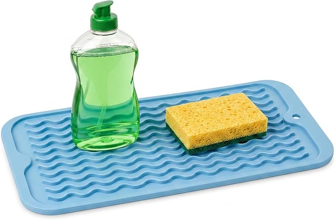 ZLR Silicone Sink Caddy Tray (6" x 12" / 153 x 305mm) - Narrow Sponge Holder for Kitchen Counter - Waterproof Dish Drying Mat, Non-Slip Soap Dispenser Mat & Bathroom Vanity Organizer (Lichen Blue)