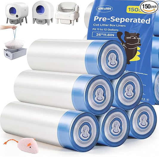 150 Count 26"x11.8" Self-Cleaning Cat Litter Box Bags for Cumrige Fumoi Fsitego Paruuntys Litter box, Pre-Seperated Automatic Litter Box Replacement Drawstring Heavy Duty，10-12 Gallons of Capacity
