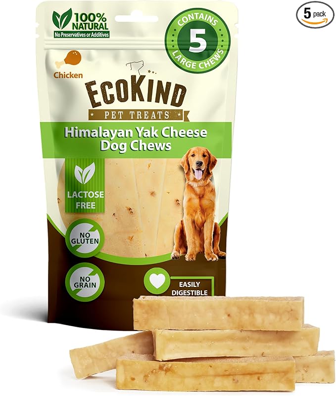 EcoKind Yak Cheese Himalayan Dog Chews, Yak Chews for Large Dogs, Long Lasting Bone for Aggressive Chewers, Only 4 Ingredients, Natural High Protein Dog Treats, No Additives, Chicken, Large - 5 Chews