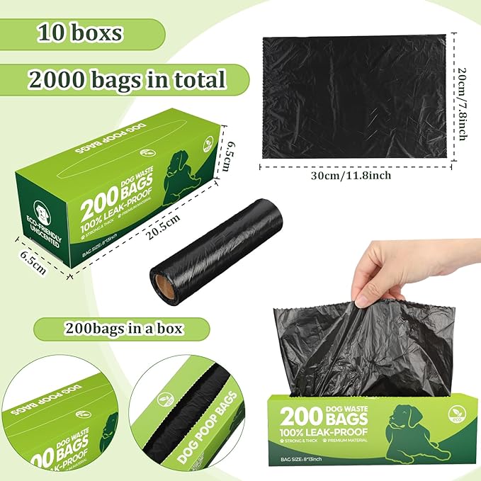 Sherr 10 Boxed Rolls 2000 Counts Dog Poop Bags Bulk Leak Proof Dog Doggy Poop Pet Waste Bags for Puppy Pets Outdoor Walking and Travel