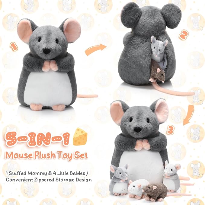 Arrowbash 5 Pcs Mouse Stuffed Animals Set - 14'' Large Mommy Rat Plush with 4 Small Mouse Babies in Zippered Tummy Stuffed Rat Plush Toys for Kids Girls Boys Valentine Birthday Gift(Fluffy Style)