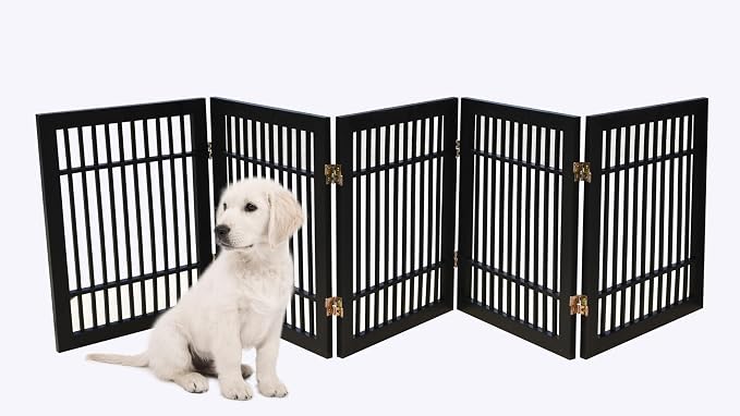 Urnporium Pet Dog Gate Freestanding, Strong Durable Folding Wooden Fence, Portable Acacia Hardwood Safety Barrier for Indoor & Outdoor Use (Black Pet Gate, 5 Panel 24" Tall)