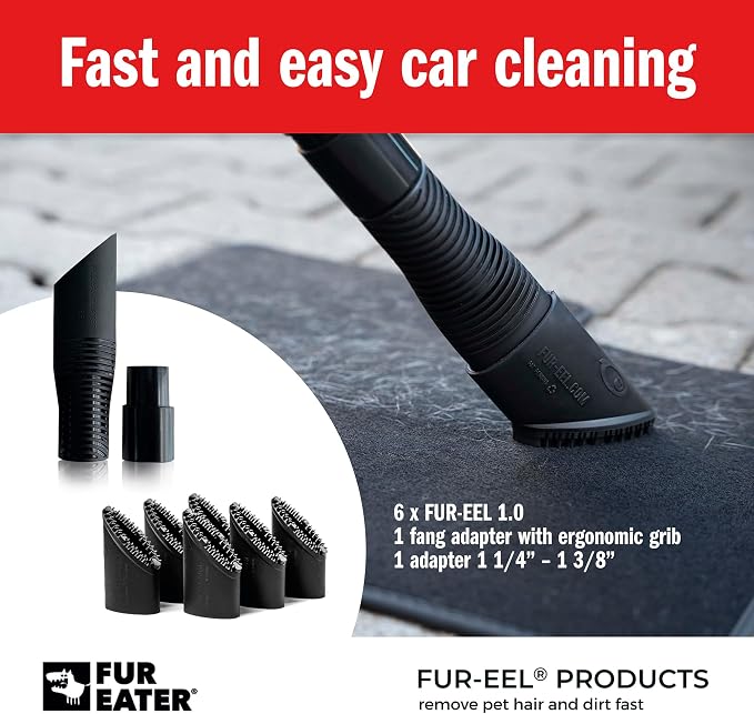 PRO 1.0 Pet Hair Remover Kit, 6 Rubber Brush Heads with Handle & Adapter, Fits 1-1/4, 1-3/8 & 1-1/2 in Round Hoses, for Dog & Cat Hair, Car Detailing, Carpet & Upholstery